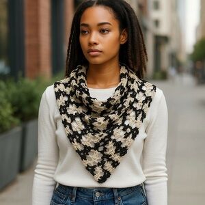 Scarf Triangle Cowl Shawl Hand Crafted Black White Crochet Cotton